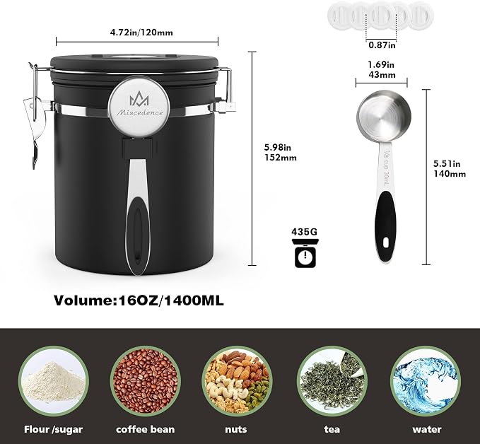 Coffee canister for ground coffee with Scoop Date Tracker One Way Co2 Valve 304 Stainless Steel Kitchen Food Airtight storage container for Coffee Beans,Grounds,Tea,Sugar (Silver, 16oz)