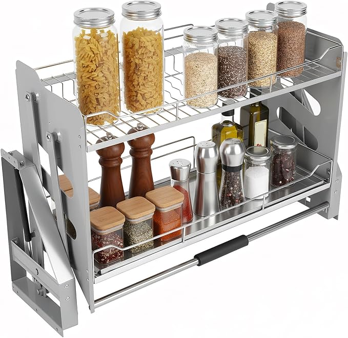 2-Tier Pull-down Storage Lift Cabinet Wall Cupboard Lifting Basket 304 Stainless Steel 22-34 Inch Width for Snacks Bowls Plate (900)