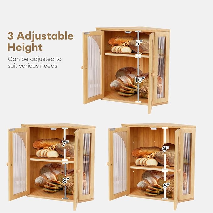 Corner Bread Box for Kitchen Countertop, Double Layer Bamboo Bread Storage Container for Homemade Bread, Large Capacity Bread Holder with 3 Adjustable Height for Counter, Natural