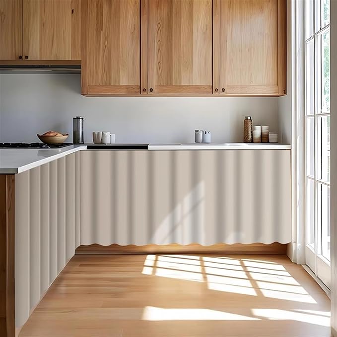 Under Sink Curtain for Closet, Privacy Short Cabinet Curtain Self Stick Adhesive Desk Skirt for Kitchen Classroom, Khaki, 55" W x 39" L