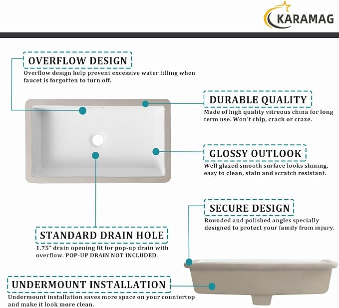 24 Inch Undermount Bathroom Sink Rectangle Undermount Sink White Ceramic Under Counter Bathroom Sinks with Overflow (23.8"x13.8")