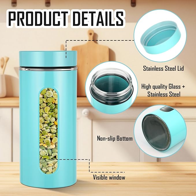 Mimorou 3 Pcs Stainless Steel Canister Set with Glass Windows Visible Storage Jars Silver Kitchen Canister Set for Pasta Flour Oat Sugar Container, Kitchen Tools, Housewarming Gifts(Turquoise,44 oz)