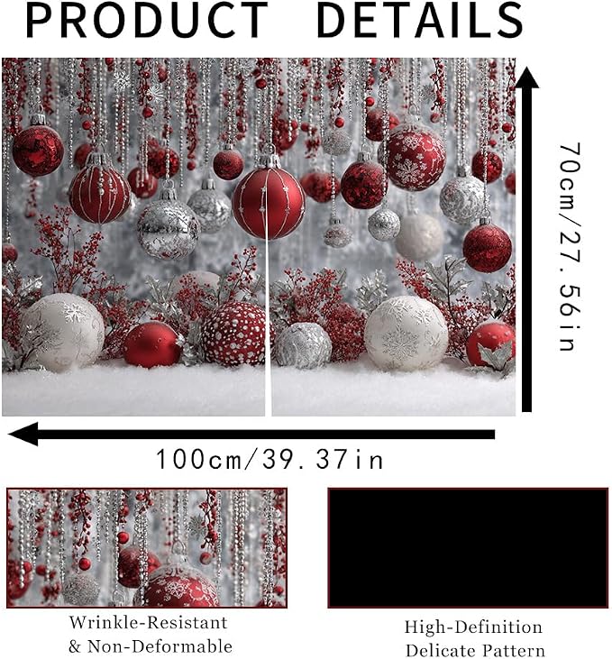 Self Adhesive Red & Silver Bauble Cabinet Curtain for Mother's Day, 39x28 Inch Sparkling Ornaments Under Sink Skirt No Drill, Spring Cleaning Kitchen Decor, Hook and Loop Valance
