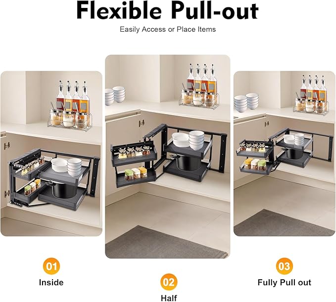 2-Tier Stainless Steel Pull out Organizer, Ideal Slide out Spice Rack for Cabinet, Blind Corner Cabinet with 4 Baskets (Pull-Out)