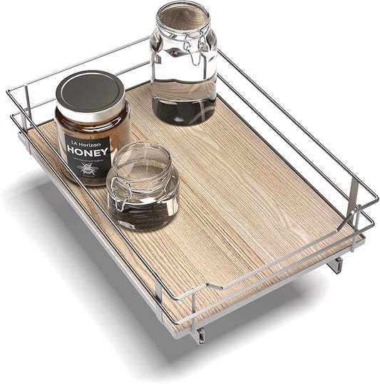 Home Zone Living Pull Out Kitchen Cabinet Organizer with Slide Out Drawer for Space Saving Storage, 14”W x 21”L, Satin Nickel Light Brown Wood Finish