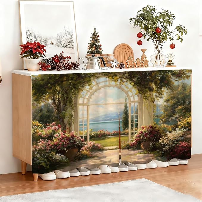 Self Adhesive Secret Garden Cabinet Curtain for Mother's Day, 39x28 Inch Lake Scenery Under Sink Skirt No Drill, Spring Cleaning Kitchen Decor, Hook and Loop Laundry Valance