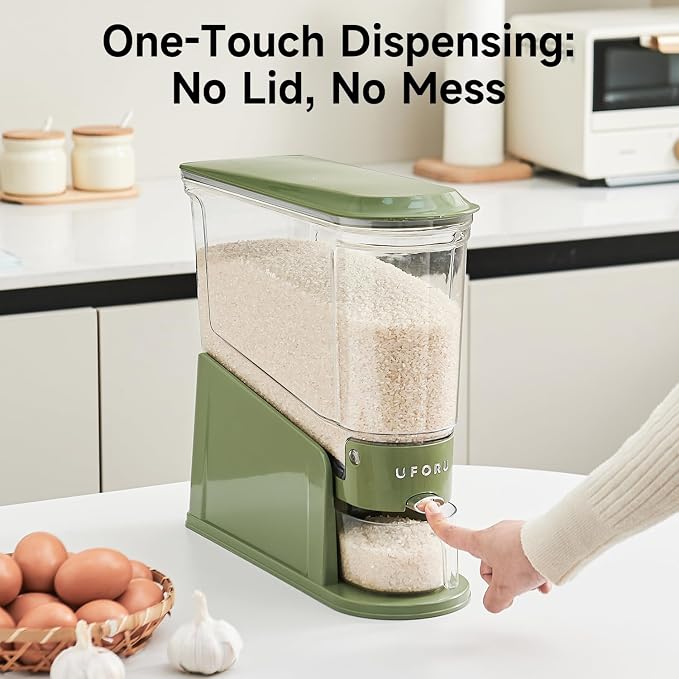UFORU Rice Dispenser 11Lbs, Slim Rice Storage Container for Small Space, BPA-Free Clear Dry Food Dispenser Sealed Moisture Proof, Grain&Cereal Storage Bucket for Kitchen Pantry Household,Green