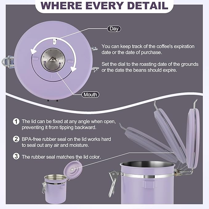 ShanSon Coffee Canister Airtight, Stainless Steel Bean Storage Container with Date Tracker & Scoop, Grounds Sugar Flour Tea Cereal Fits Kitchen Pantry, Ideal Gift for Coffee Lovers,12oz, Purple