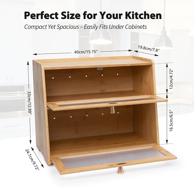Beautiful Bamboo Bread Box for Kitchen Countertop Non-toxic Double Layer Wooden Breadbox Vitamin Organizer Supplement Bottle Organizer Vitamin Bottle Storage Food-Safe (Assemble Instruction Updated)
