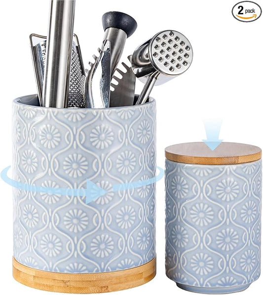 TEATALK Ceramic Utensil Holder Set, 360° Rotating Organizer for Countertop, Farmhouse Vintage Style, Large and Small Crocks in Light Blue 7.7"+5.7", Light Blue