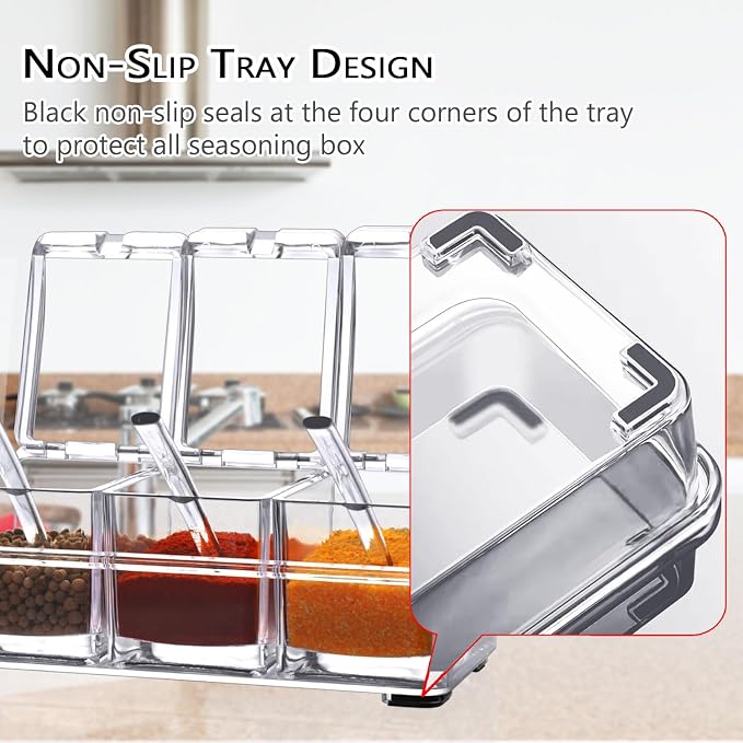V·RESOURCING Clear Seasoning Box, 3 Pieces Seasoning Rack Spice Pots Storage Container for Spice Salt Sugar Cruet Liquid,Condiment Jars with 3 Spoons