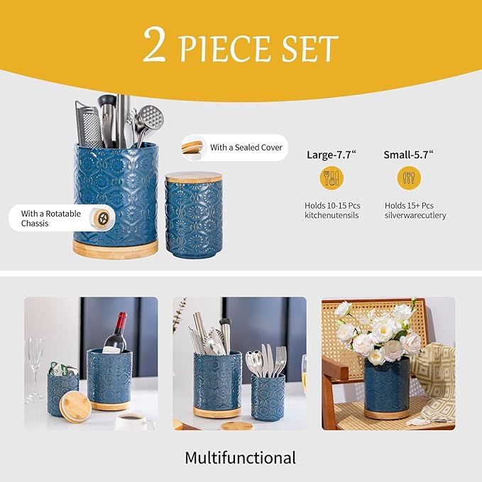 TEATALK Ceramic Canister with Airtight Lid, Cookie & Coffee Canister for Countertop, Food Storage Jar for Sugar, Tea, Matcha, Candy, Coffee Bean Container, Dark Blue, 7.7"+5.7"