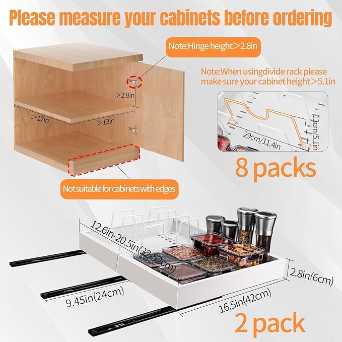 Expandable Metal Pull Out Cabinet Organizer 21"Deep with Raising Pad for Framed Cabinets/Pantry,Upgrade 3 Slide Rails Sliding Drawer for Cabinets with Adhesive Adjustable Width 12.05"-20.4"White 2P