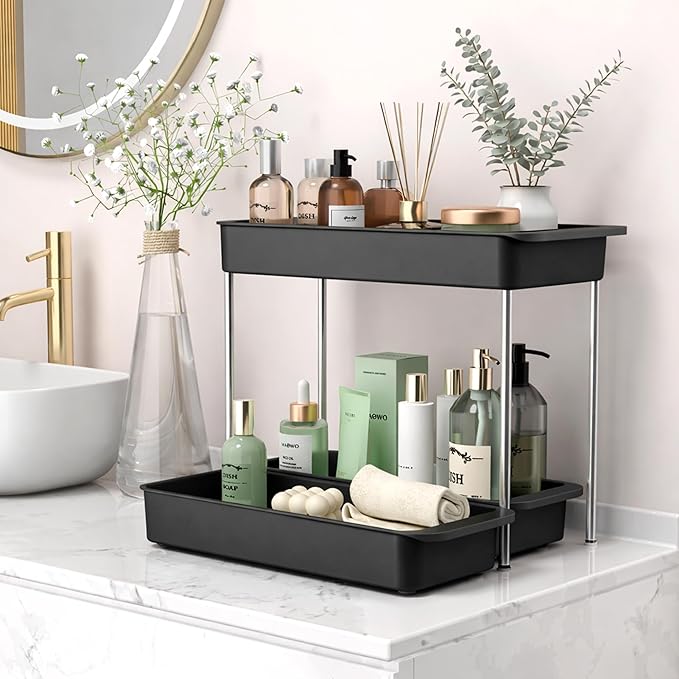 2-Tier Under Sink Organizer with Smooth Rolling Wheels, Pull-Out Bottom Storage Drawer with Easy-Lift Handle, Metal & Plastic Sliding Cabinet Organizer for Kitchen & Bathroom, Black, 2 Pack