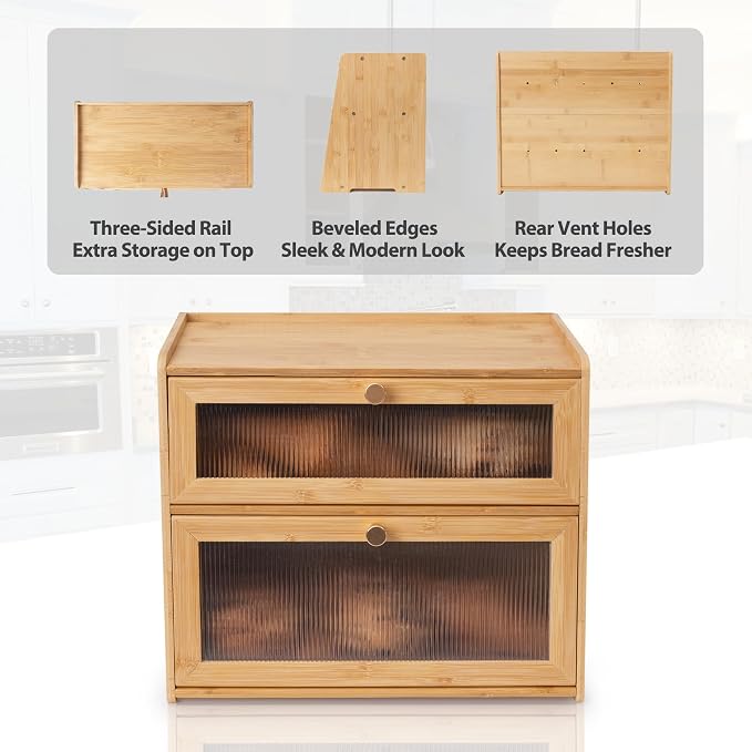 Beautiful Bamboo Bread Box for Kitchen Countertop Non-toxic Double Layer Wooden Breadbox Vitamin Organizer Supplement Bottle Organizer Vitamin Bottle Storage Food-Safe (Assemble Instruction Updated)
