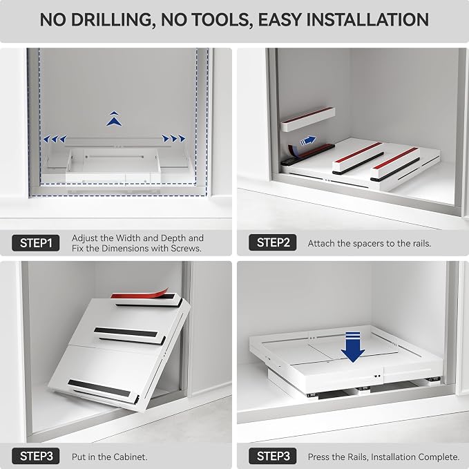 Pull Out Cabinet Organizer With Raising Pad for Framed Cabinets,Adjustable Depth(12.8"-17.5") And Width(14.8"-20.5"),Slide Out Drawers,No Drill Design,Heavy Duty Storing,White