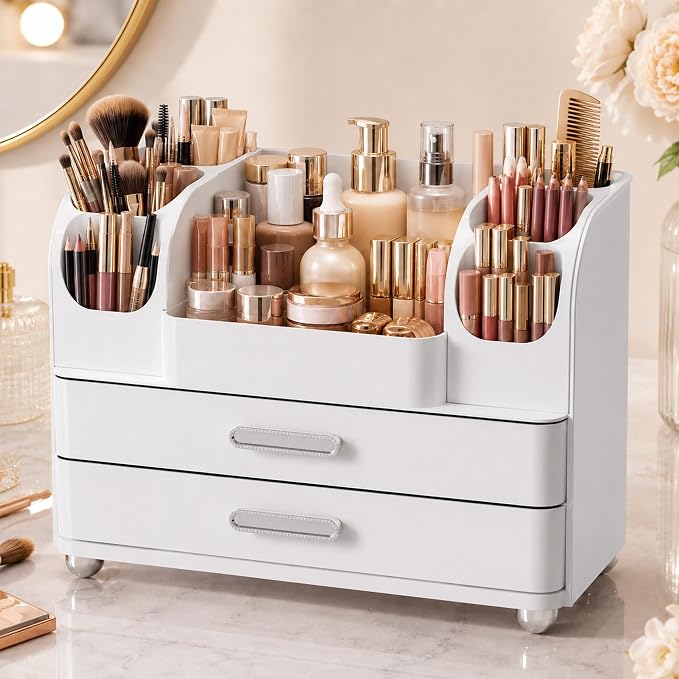 Makeup Organizer with 2 Drawers, Cosmetic Display Case, Storage Holder for Vanity, Bathroom Counter, Desk, Beauty Supplies (All White)