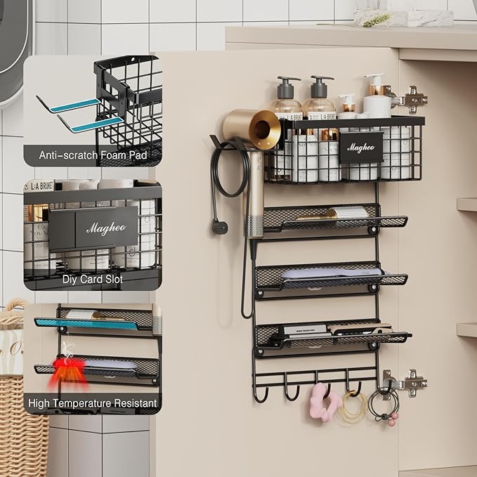 Magheo Hair Dryer Holder Wall Mounted, Adheisve Hair Styling Tool Organizer for hair Brush/Appliance Wall Mount with 4 Tier Shelf Basket Hooks Blow Dryer and Straightener Holder for Bathroom(Black)