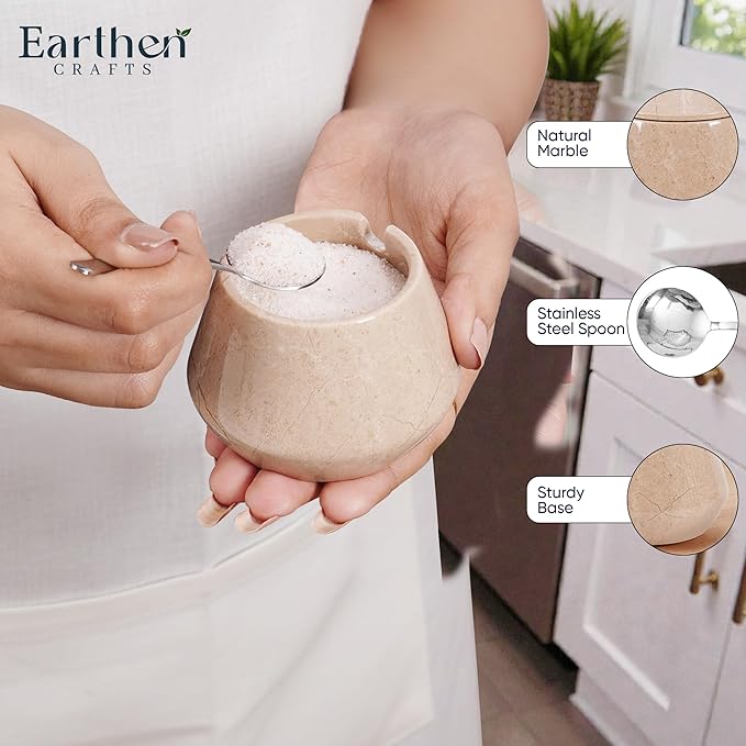 Marble Salt Cellar with Lid 3 Inches Beige Salt Keeper Salt Box, Seasoning Container & Spice Jar with Spoon, Stone Salt Holder for Countertop, Ideal Gift for Home & Kitchen Decor