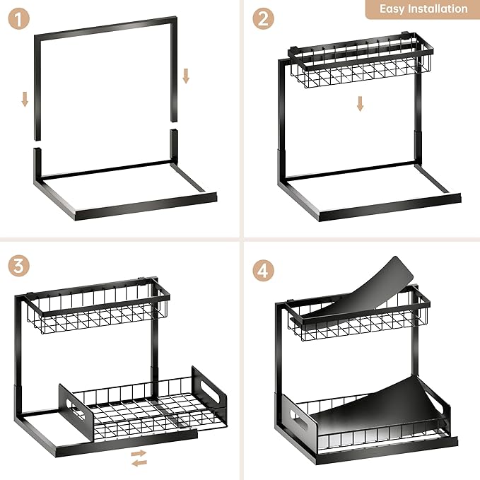 Under Sink Organizer and Storage, Slide Out Cabinet Organizer, Pull Out Sink Shelf for Kitchen Bathroom Laundry, Black, 1 Pack