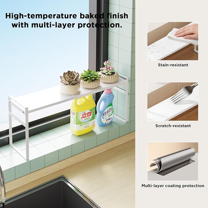 Expandable Narrow Shelf Organizer, Tall Countertop Organizer for Tight Spaces, Windowsill Plant Stand, Over-Sink/Faucet Shelf, Kitchen Counter Storage, Bathroom Vanity, Laundry Room (White)