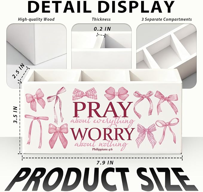 Coquette Pink Bow Christian Pen Holder, Christian Gifts for Women Pencil Holder for Desk, Preppy Pink Bible Verse Wooden Box Sign Decorations for Girly Room Bedroom Dorm Office Desk Tabletop