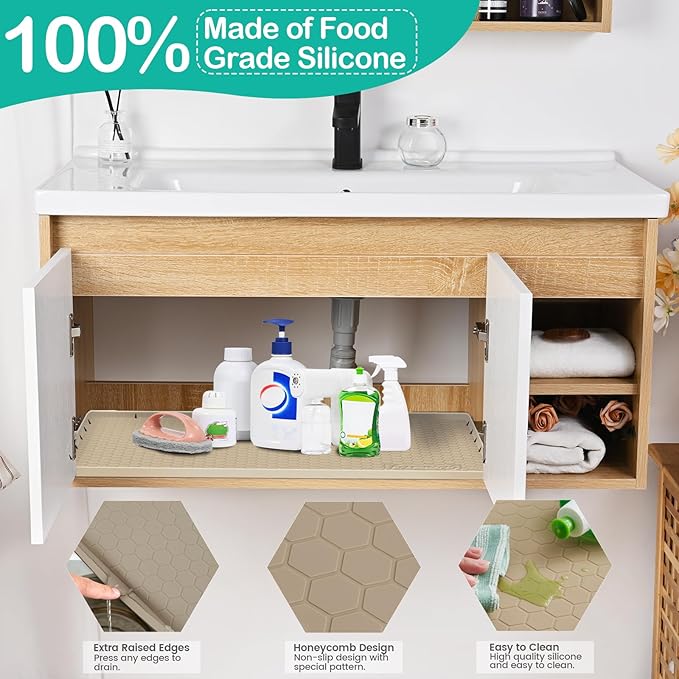 Waterproof Under Sink Mat 34" x 22", Silicone Cabinet Liner, Rubber Protector for Kitchen and Bathroom, Keeps Cabinets Clean, Dry, and Organized (Beige)