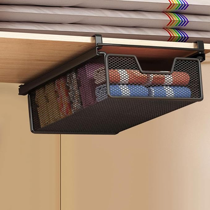 under Shelf Basket Black Decoration Space Saving Portable Hanging Pullout Drawer Basket Organizer for Cupboard Laundry Room, Length 37 cm