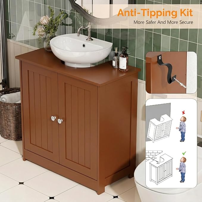 Bonnlo Pedestal Sink Storage Cabinet, 24" Espresso Under Sink Bathroom Storage Cabinet with 2 Doors and Adjustable Shelf, Traditional Bathroom Space Saver Organizer for Small Spaces, Water-Resistant