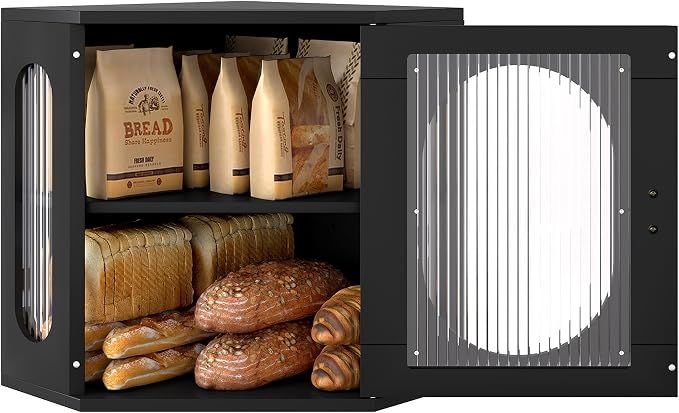 Alpeir Corner Bread Box for Kitchen Countertop, Thick Pine Wood Keep Freshness Longer, Adjustable Farmhouse Bread Storage Container with Window & Deli Papers for Homemade Bread, Baked, Black