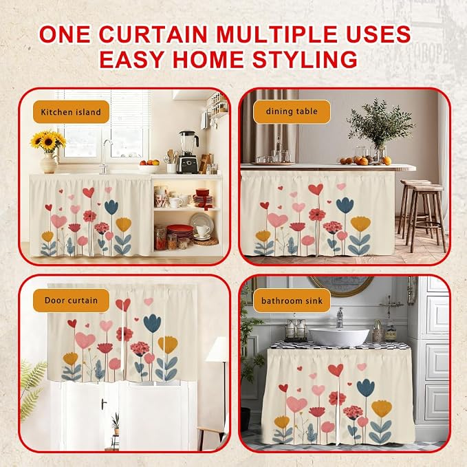 Self Adhesive Floral Heart Cabinet Curtain for Mother's Day, 39x28 Inch Colorful Spring Flower Under Sink Skirt No Drill, Deep Cleaning Kitchen Decor, Hook and Loop Laundry Valance