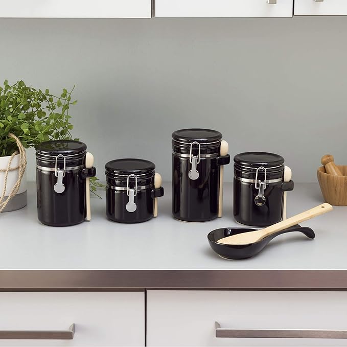 Canister Sets For The Kitchen (4 Piece Set) Black, High Gloss Ceramic By Home Basics Decorative Kitchen Set With Wooden Spoons, Countertop Set For Flour, Sugar, Coffee, and Snacks