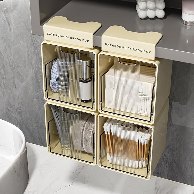 Under Mirror Cabinet Storage Box – No Drill Cosmetic Shelf, Transparent Cotton Pad Organizer, Pull Out Drawer Container, Stackable Makeup Storage for Bathroom Vanity
