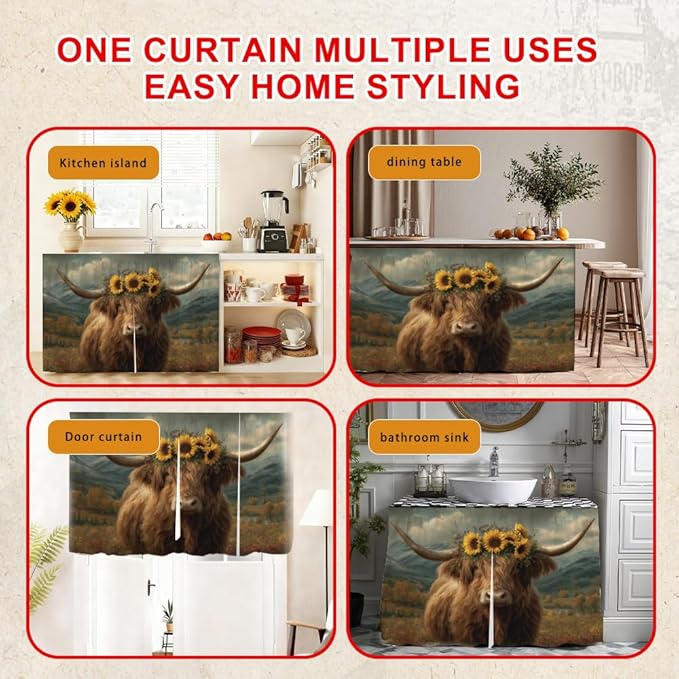 Self Adhesive Highland Cow Sunflower Cabinet Curtain for Mother's Day, 39x28 Inch Rustic Farmhouse Under Sink Skirt No Drill, Spring Cleaning Kitchen Decor, Hook and Loop Valance
