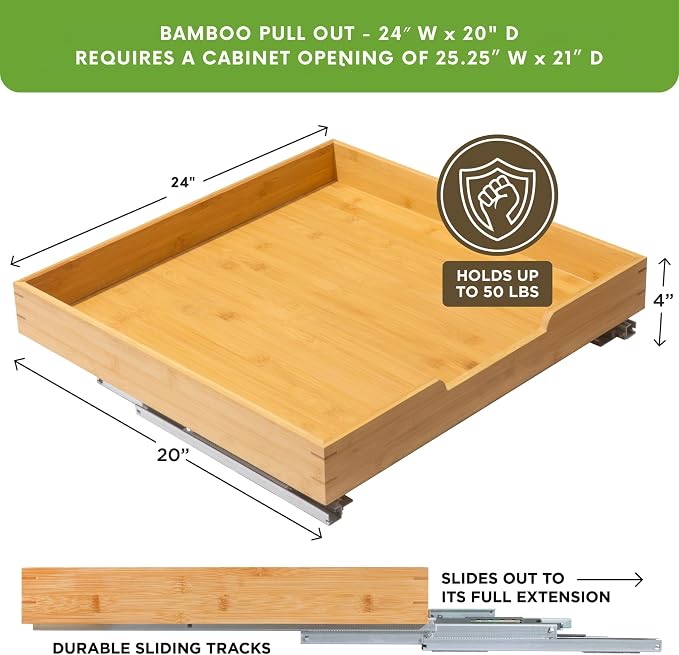 HOLDN’ STORAGE Bamboo Wooden Pull out Cabinet Organizer 24"W x 21"D Requires At Least a 25.25"W x 21"D Cabinet Opening W/Lifetime Limited Warranty, Bamboo Tray and Heavy Gauge Metal Rails