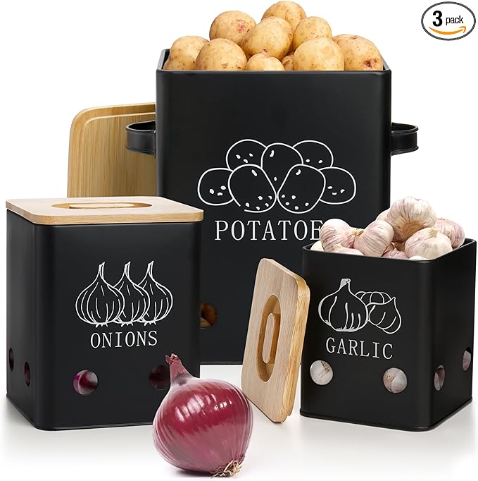 WUWEOT 3 Pack Vegetable Storage Tins, Potato Onion Garlic Storage Canister, Black Metal Vegetable Fresh Keeper Caddy, Kitchen Pantry Organizer Jars with Bamboo Lid and Aerating Holes
