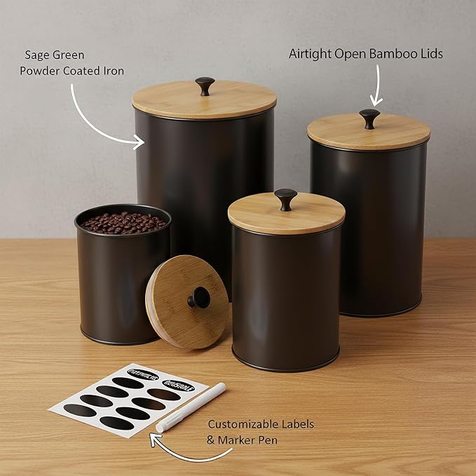 Canisters Sets for the Kitchen Set of 4 Kitchen Canisters for Countertop Airtight Black Flour and Sugar Containers with Bamboo Lids Labels and Marker for Pantry and Coffee Bar Decor