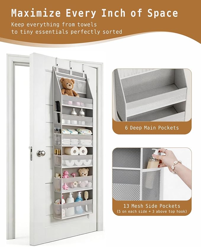 KMSCO Over The Door Organizer, 6 Large Pockets + 13 Mesh Side Pockets, Hanging Storage, 55lbs Capacity, Heavy Duty Non-Woven Fabric for Baby Nursery, Bathroom, Pantry, Closet, Grey, 2 Pack
