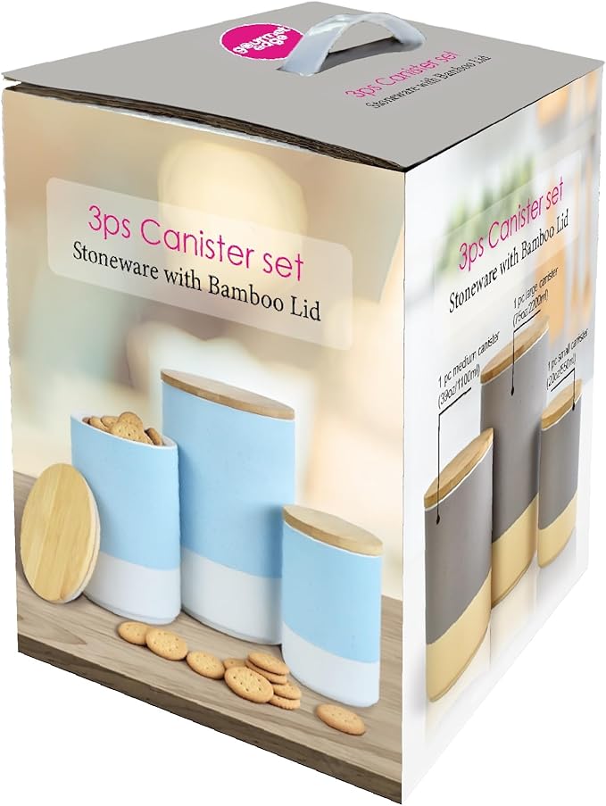 Food Storage Jars with Airtight Wood Lids，3-Pack Ceramic Canister Set for Flour Cereal Sugar Tea Coffee Beans Snacks– Modern Container Kitchen Pantry Storage Jar(Blue)
