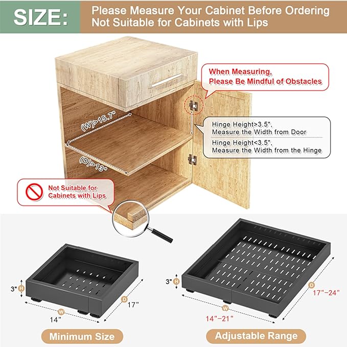 2Pc Pull out Cabinet Organizer,Width (14"-21"),Depth(17"-24") Expandable with 3 Rails,No Drill Roll out Drawers,Adhesive Sliding Drawers,Slide out Shelves for Cabinets Without Lip,Kitchen,Pantry,Black