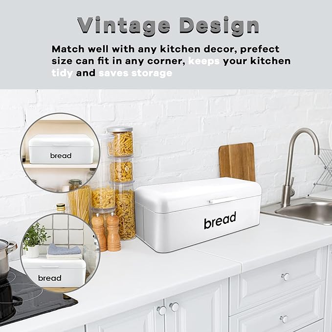 E-far Vintage Bread Box for Kitchen Countertop, White Metal Bread Storage Container Retro Bread Bin for Pastries/Loaves/Dry Food, Large Capacity & Modern Design (16.7” x 9” x 6.4”)