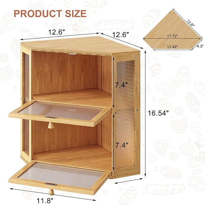 WOWLIVE Corner Bread Box for Kitchen Countertop, Double Layer Bamboo Bread Storage Container, Large Farmhouse Bread box with Acrylic Wavy Door Panel, Under Cabinet Organizer (Natural, Extra Large)