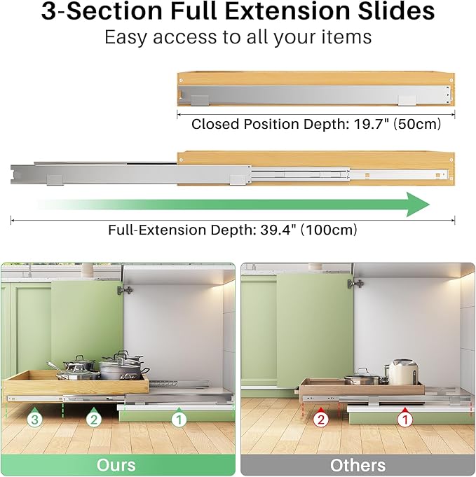 Pull Out Cabinet Organizer, Soft Close Wooden Slide Out Drawers for Pots and Pans, Full-extension Roll Out Shelves for Kitchen Cabinets, Pantry Organization, Bottom & Side Mount(12"W X 21"D x 3.4''H)