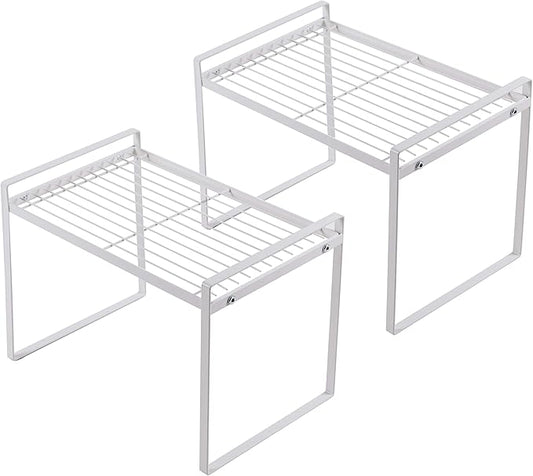 Shantton 2pk Kitchen Cabinet Shelf Counter Organizer Rack Pantry Storage Bathroom Bedroom Office Table Desk Space Saving Steel Frame Stackable Rust Resistant Non Slip White-Tall- L13in W8.3in H9.5in