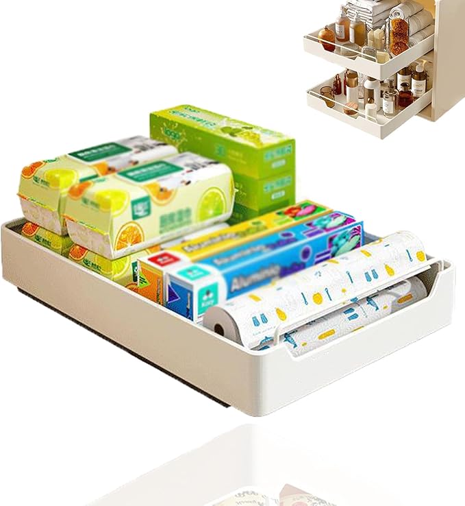 Kitchen Cabinet Organizer Pull Out Drawers Stick On Slide Out Drawers for Cupboards Roll Out Extendable Sliding Drawer No Drill Needed White,Width 30cm