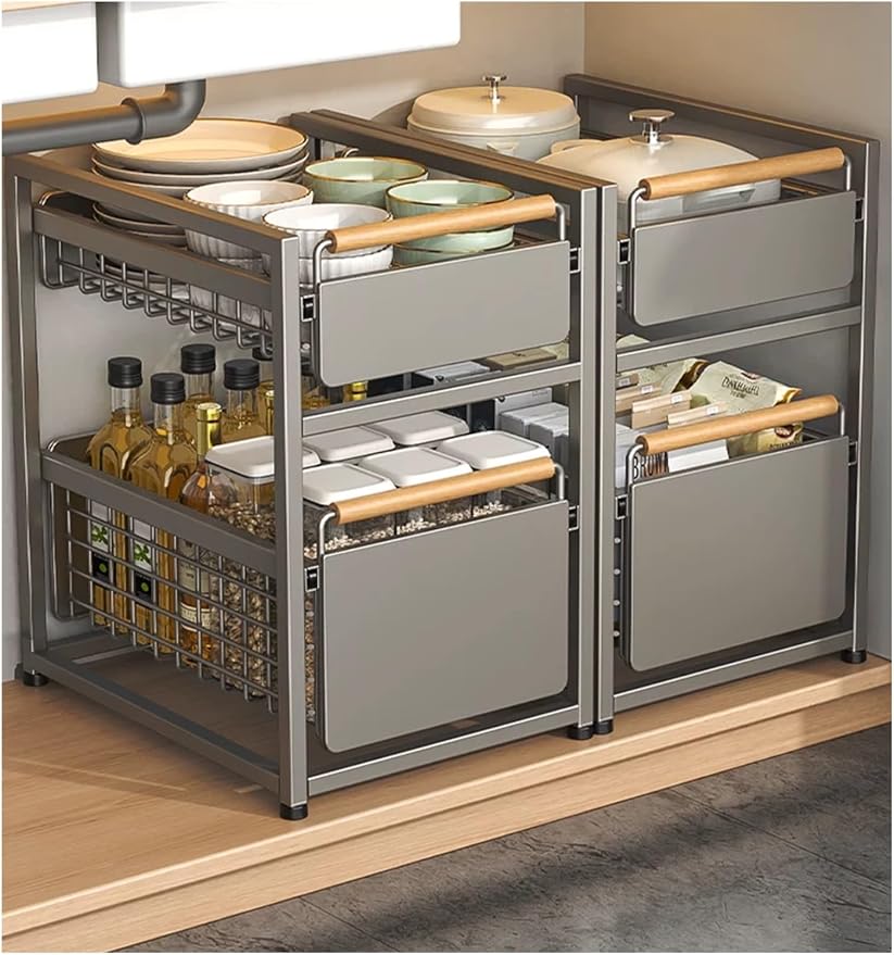 Pull Out Shelf Kitchen Storage Drawer- Slide Out Drawers for Kitchen Cabinets No Drill Shelves(Milk,40x28x39 cm)