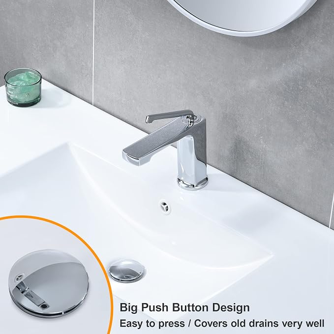 Universal Bathroom Sink Stopper, 1.1~1.5" Sink Drain Stopper, Full Size Bounce Bullet Type Pop Up Basin Drain Strainer, Chrome Anti-Clogging Sink Drain Filter with Hair Catcher (Silver)