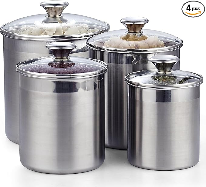 Cooks Standard Classic Stainless Steel Food Jar Storage Canister Set Large, Airtight Containers with Glass Lid for Tea Coffee Sugar Flour Pantry Kitchen Counter, 4-Piece