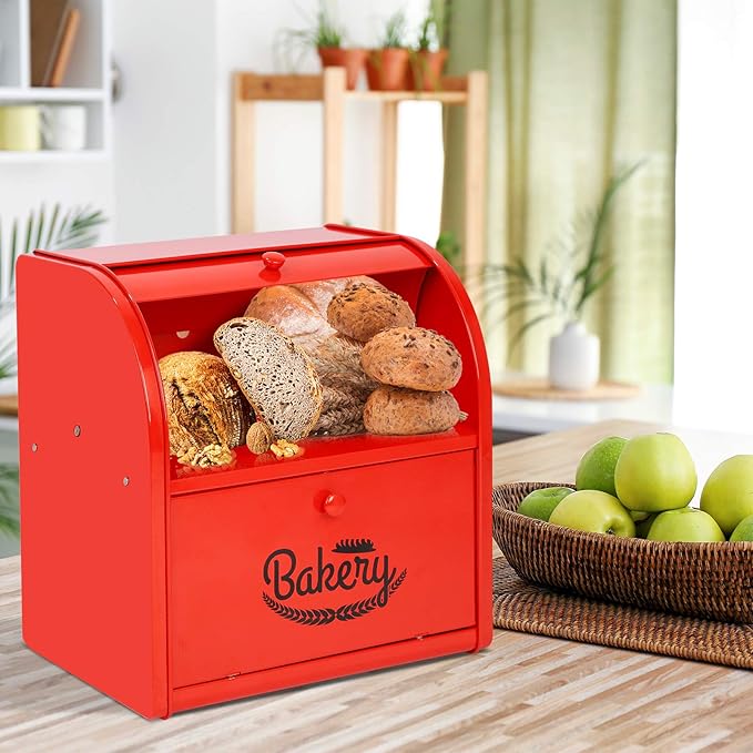 Widousy 2 Layer Metal Bread Boxes, Bread Box Storage Bin Kitchen Container with Roll Top Lid Iron Countertop Containers Metal Food Storage Bread Keeper Large Capacity Home Kitchen Counter（Red）