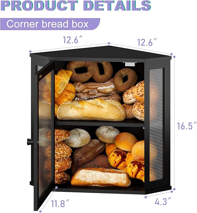 Corner Bread box for Kitchen Countertop,Farmhouse Bread Box with Acrylic Wavy Door Panel,Large Bread box for kitchen countertop, Food Storage Container (Black, Extra Large)